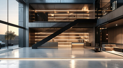 Obraz premium An architectural interior of two-floor contemporary space, ground floor features a dramatic double-height atrium with thin black steel staircase floating through space, massive floor-to-ceiling glass.