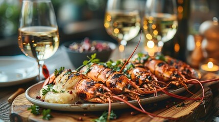 A cozy seafood dining scene featuring grilled lobster topped with cheese on a rustic wooden table, complemented by wine glasses and fresh herbs for an inviting atmosphere.