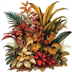Obraz premium Vibrant tropical foliage in warm autumn hues arranged artistically on a white background