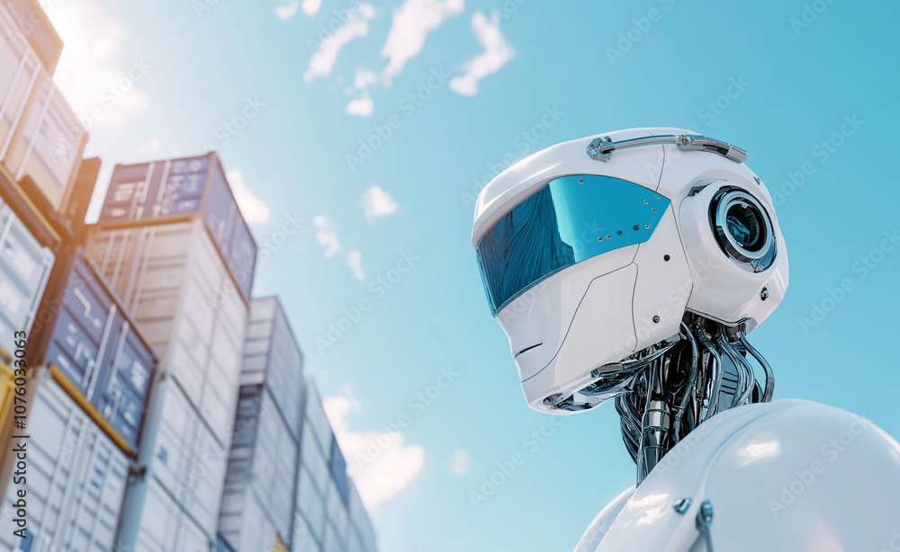 Poster futuristic robot in profile view with cargo containers in the background, suggesting automation in l