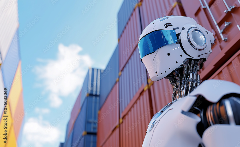 Poster futuristic robot in profile view with cargo containers in the background, suggesting automation in l