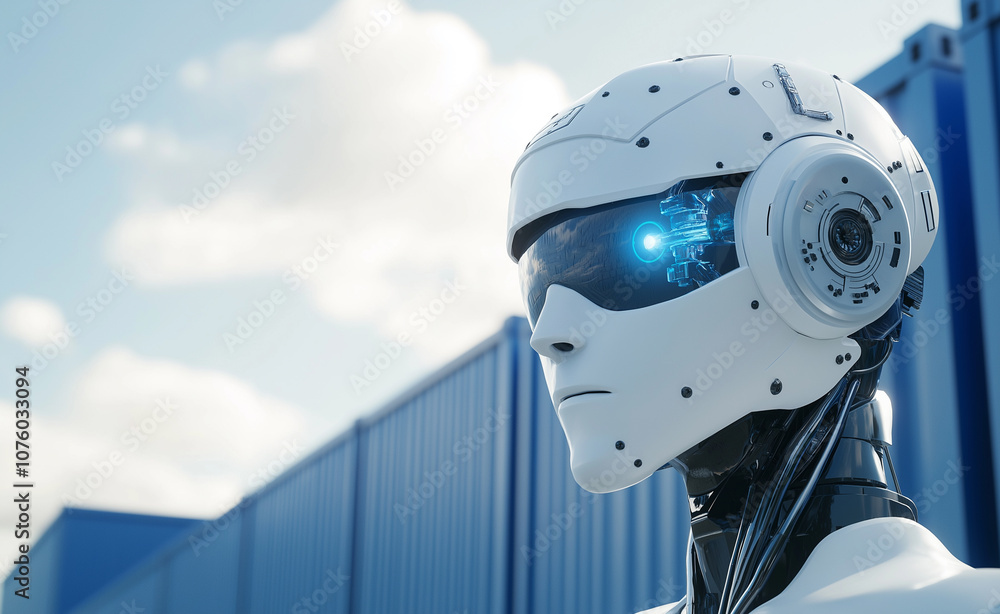 Poster futuristic robot in profile view with cargo containers in the background, suggesting automation in l