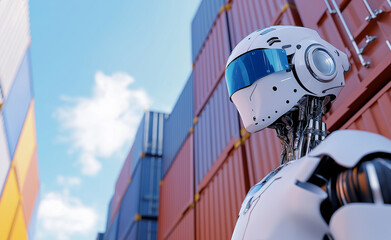 Futuristic robot in profile view with cargo containers in the background, suggesting automation in logistics.