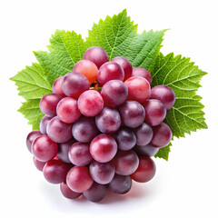 Fototapeta premium A cluster of red grapes with a vibrant green leaf is isolated against a white background.