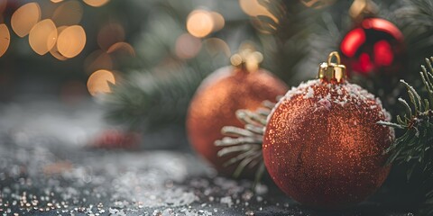 red christmas tree toys next to the branches of a fir tree, blurry background, copy space
