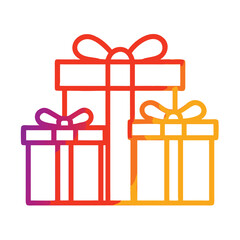 Gradient gift boxes icon with bows, Vector illustration of three gift boxes in a red-orange gradient outline, featuring decorative bows, symbolizing celebration and presents.
