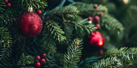 Beautiful Christmas Background with green fir tree brunch and red glittery toy close up. Copy space