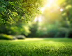 Naklejka premium Sunlight filtering through leaves casts a warm glow on the lush green grass in a peaceful natural setting