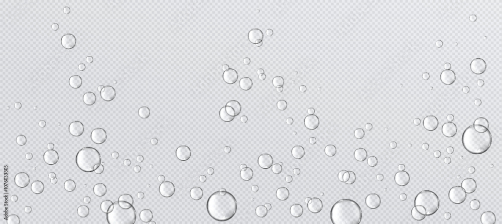 Aufkleber fizzy water bubbles floating on transparent background. multiple sized spherical shapes for efferves