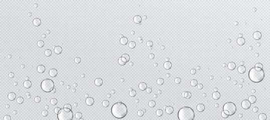 Fizzy water bubbles floating on transparent background. Multiple sized spherical shapes for effervescent pattern. Realistic 3d vector natural carbonated liquid effect with scattered droplets.