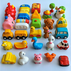 Naklejka premium Kids toys set. Toy kid child preschool house baby game ball train yacht horse doll duck boat plane bear car pyramid