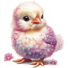 Cute colorful chick with fluffy feathers and delicate flowers around in a sunny garden setting