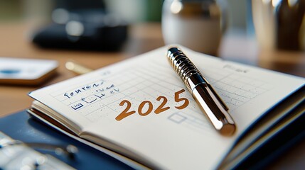 A close-up of a planner opened to the year 2025, accompanied by a stylish pen, symbolizing organization and planning for the future.