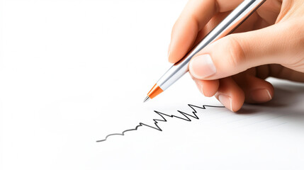 A hand holds a pen, drawing a wavy line on a blank paper, representing creativity.