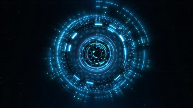 Blue holographic advanced HUD circle platform. Futuristic digital technology animated background concept.