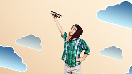 Creative picture of child airplane pilot in sky