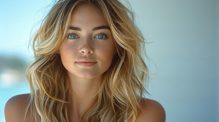Fototapeta premium Portrait of a beautiful woman with long blonde hair, blue eyes, and a white sleeveless top.