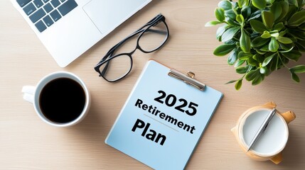 A workspace featuring a coffee cup, glasses, a plant, a laptop, and a notepad titled "2025 Retirement Plan," indicating planning and organization.