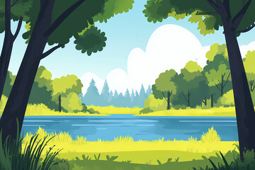 Landscape with mountains, lake, and valley vector, scenic landscape concept.