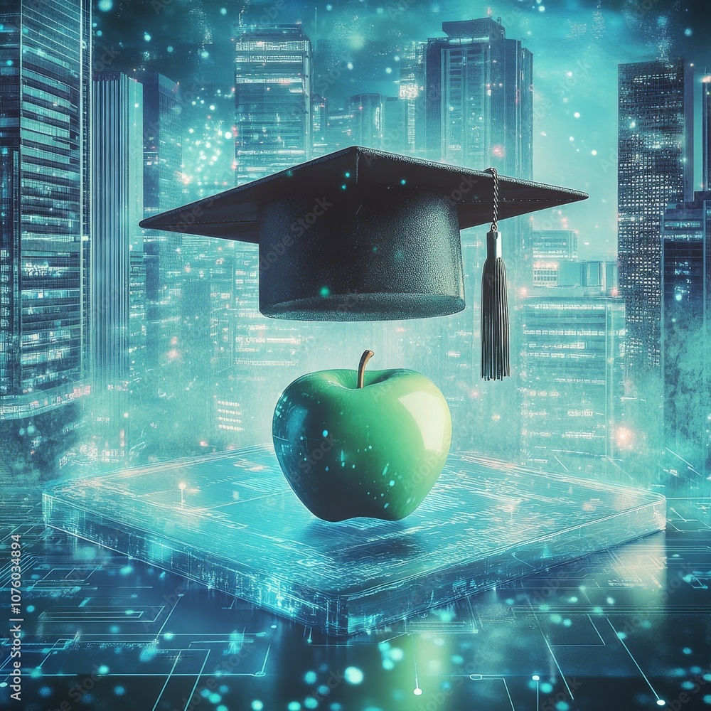 Poster e-learning and augmented reality are changing how we learn. this image shows a graduation cap and an