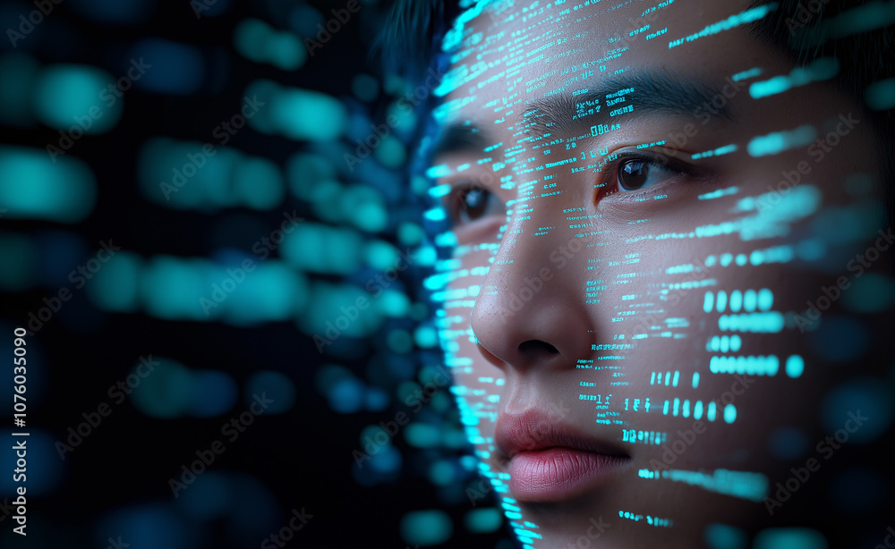 Aufkleber portrait of a bearded man with digital dots and data projected on his face, representing virtual or 