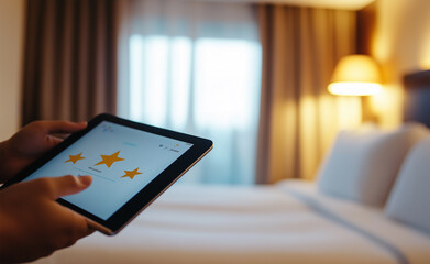 Person holding a tablet with a five-star rating displayed, in a cozy hotel room setting.