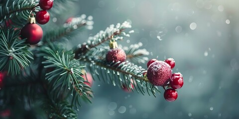 Beautiful Christmas Background with green fir tree brunch and red glittery toy close up. Copy space