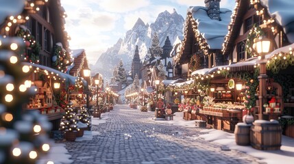 A cozy winter market with festive decorations and twinkling lights softly illuminating charming stalls filled with handcrafted ornaments warm, traditional architecture and a backdrop of mountains.