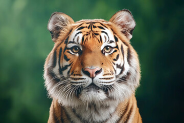 Naklejka premium A majestic tiger gazes intensely amidst a lush green background, showcasing its power.