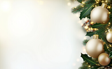 Elegant Christmas ornaments and holly branches in gold and green against a soft, white background.
