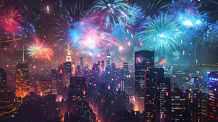 Fototapeta premium Generative AI illustration of a dazzling fireworks show in 2025, lighting up the city skyline with brilliant displays