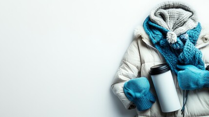 A cozy winter outfit with a warm jacket, scarf, gloves, and a coffee cup on a light background.