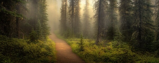 Obraz premium A serene forest path illuminated by soft morning light through tall trees.