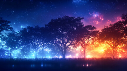 Fototapeta premium A mesmerizing twilight landscape with vibrant colors and silhouette of trees.