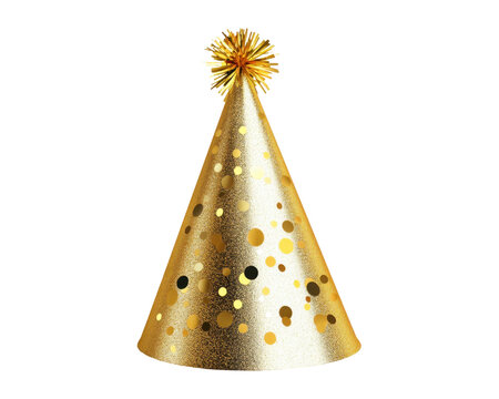 A festive gold party hat adorned with shiny dots, perfect for celebrations and events.
