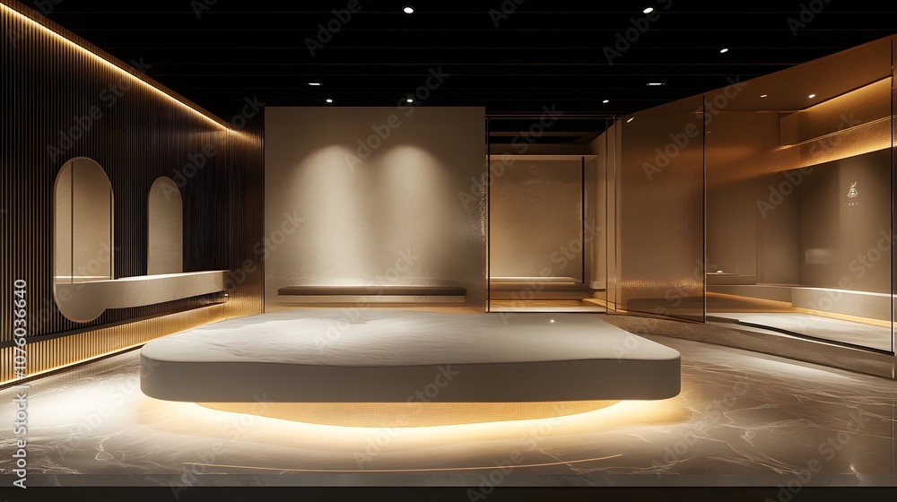 Aufkleber 39. a 3d virtual showroom with a floating podium and dynamic lighting, creating an open area for a p