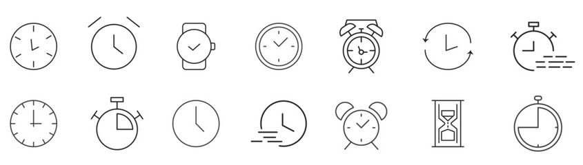 Time and clock line icons set. Calendar, timer, watch, speed, date and management. vector. editable