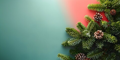 Beautiful Christmas Background with green fir tree brunch with cones with cones close up. Copy space