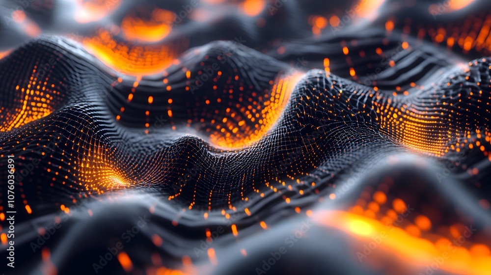 Poster 40. a futuristic 3d environment with complex geometric patterns and glowing edges, leaving space for