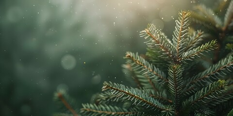 Beautiful Christmas Background with green fir tree brunch close up. Copy space