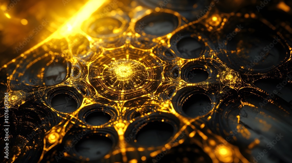 Aufkleber 40. a futuristic 3d environment with complex geometric patterns and glowing edges, leaving space for