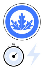 Blue oak leaf badge stopwatch and lightning bolt. Ideal for nature, time management, energy, efficiency, speed, conservation, sustainability. Line metaphor