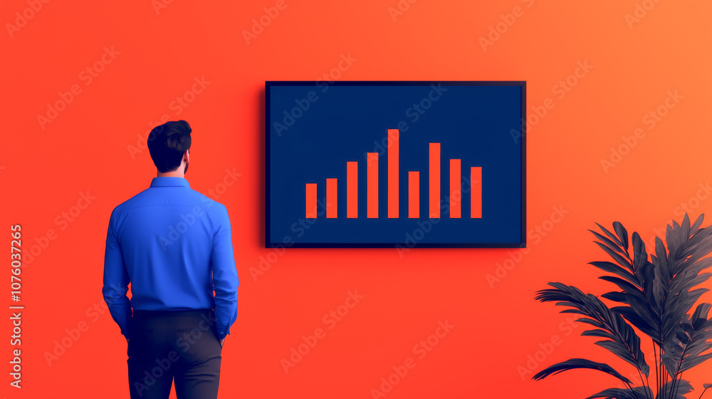 Poster a professional man analyzing data on a digital screen in a modern workspace.