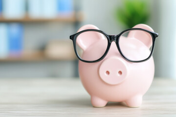A quirky piggy bank wearing glasses, symbolizing financial knowledge and saving.