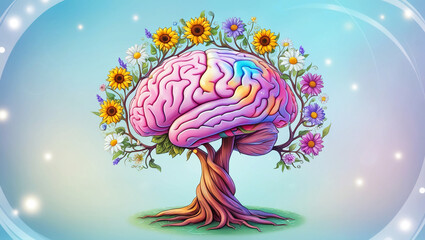 A vibrant, whimsical illustration of a human brain transformed into a blooming tree, symbolizing mental wellness and self-care, with an optimistic outlook and an imaginative mind; the brain-tree has a