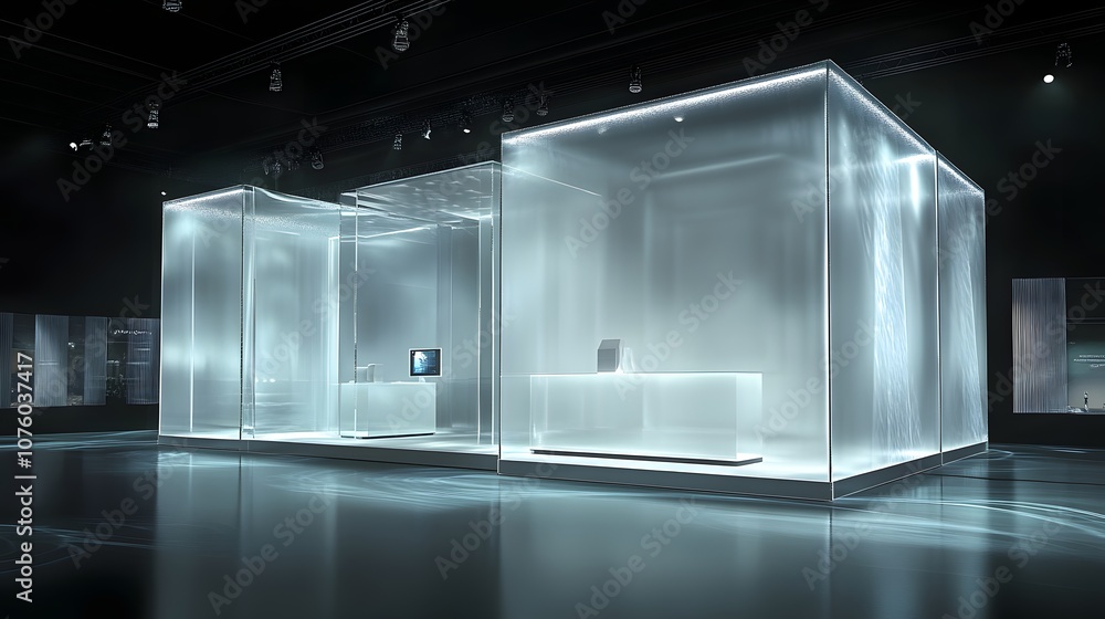 Poster 42. a clean 3d display with large transparent panels and soft spotlights, providing ample space for 