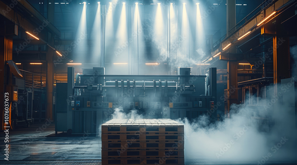 Poster a palletizing machine at factory, beautiful lighting on the machine, smoke for a wow effect.