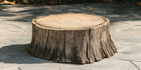 A rustic tree stump placed on a stone surface, serving as a natural table or seat.
