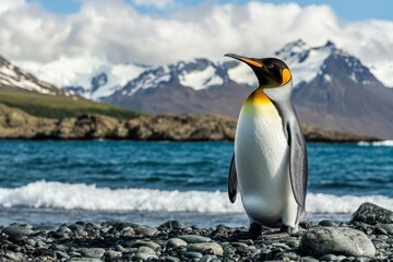 Fototapeta premium A majestic king penguin stands on rocky shore. The beautiful mountains and ocean create a stunning backdrop. Nature photography with a focus on wildlife. Generative AI