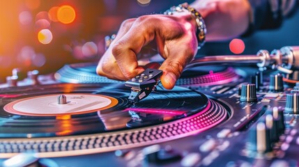 Fingers delicately place a needle on a spinning vinyl record atop a classic turntable, illuminated by soft, warm ambient lighting. Generative AI